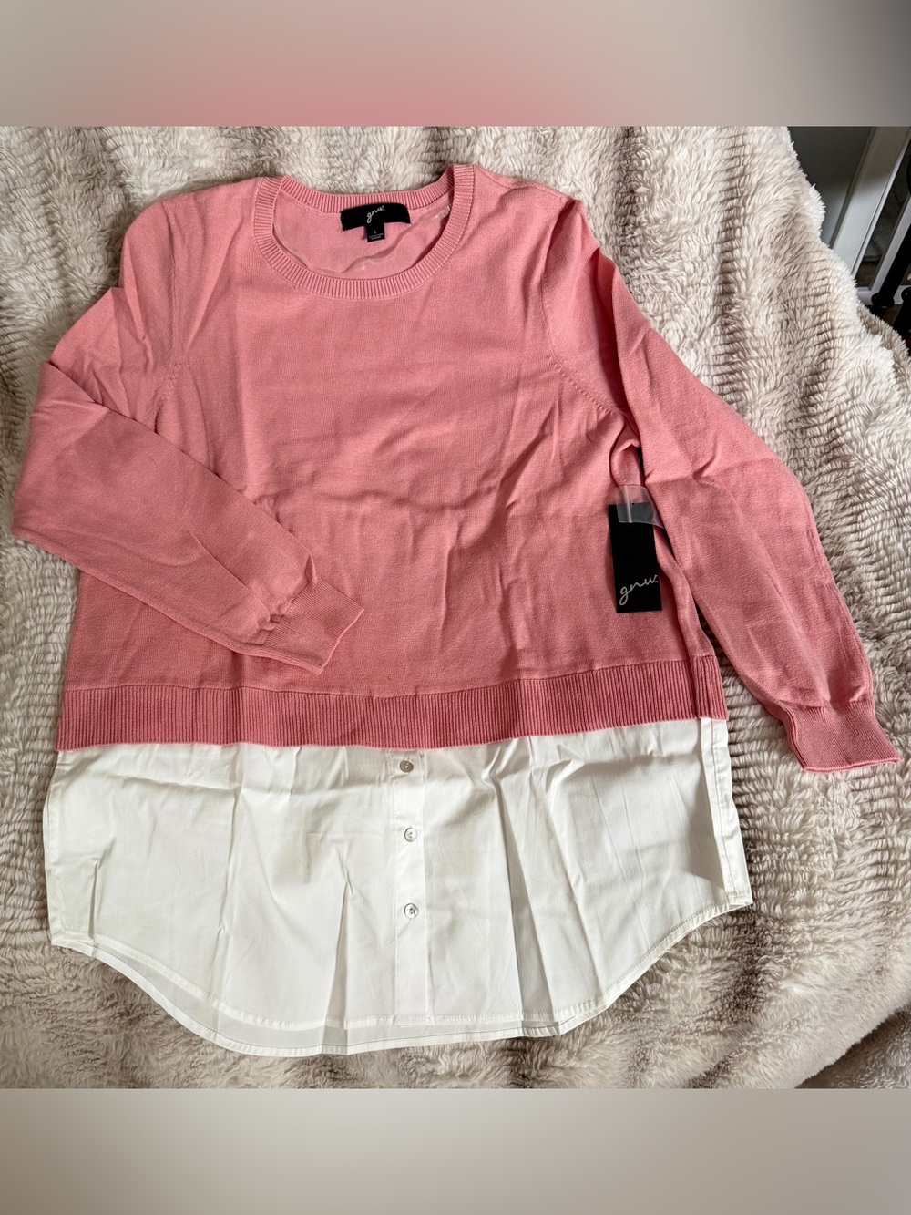 GNW pink crew neck layered-look pullover sweater.